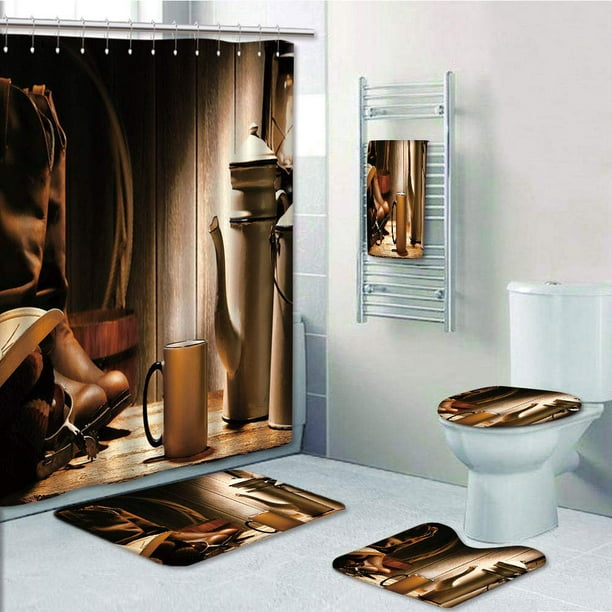 Western Cowboy Brown Shower Curtain Bath Mat Toilet Cover Rug Bathroom Decor